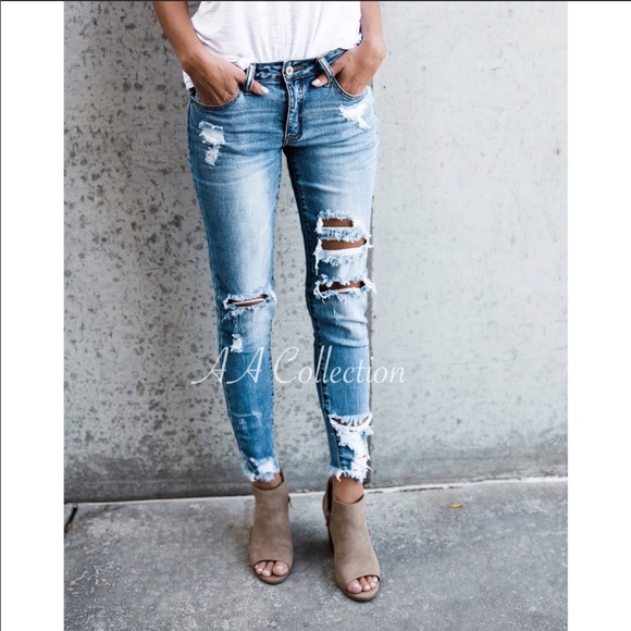 Distressed Jeans Denim Ripped Frayed Pants - Picture 3 of 7